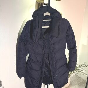 Uniqlo midi coat down fill midnight extreme cold EC warmth funnel neck NWOT Med
